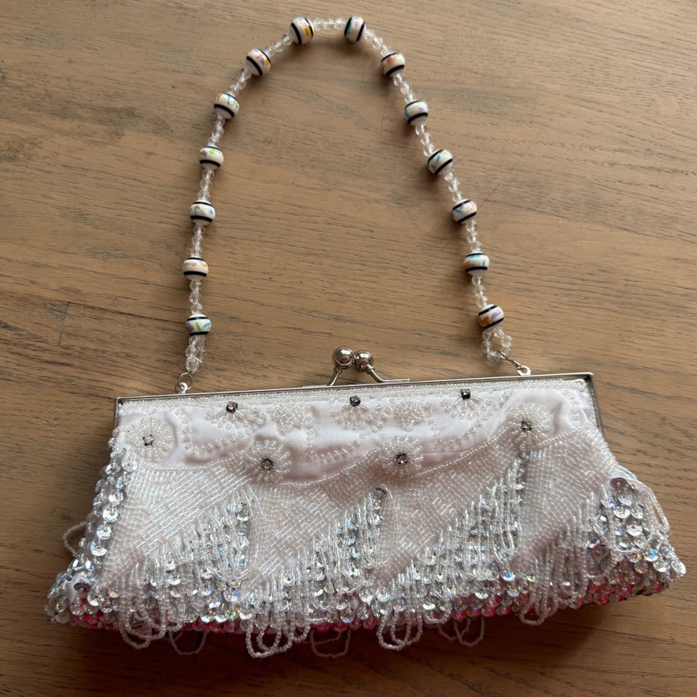 Vintage White Beaded Sequin Fringe Clutch Bridal Evening Bag Kiss Lock Handbag